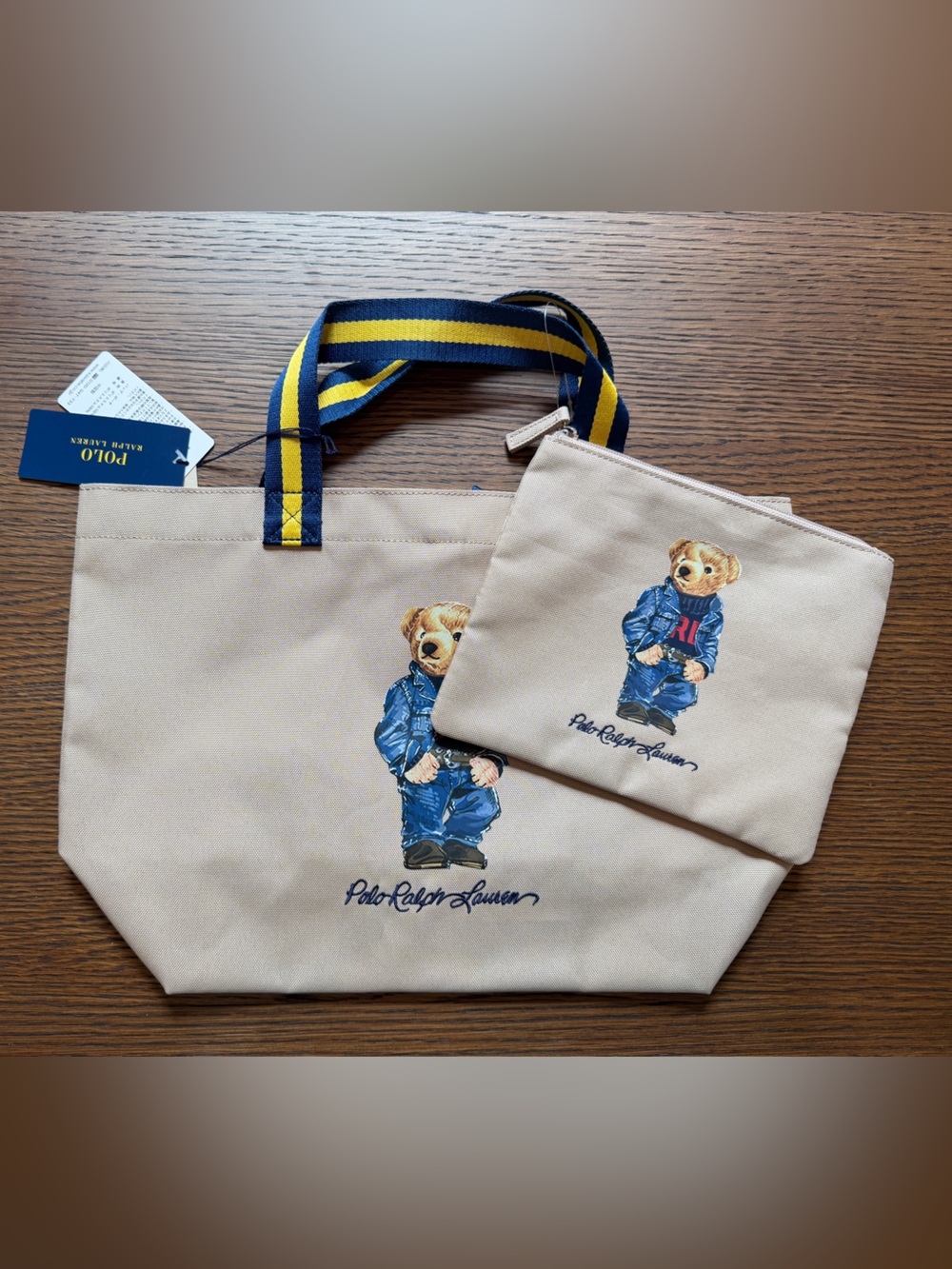 Ralph Lauren Beige Tote with Navy & Yellow Straps